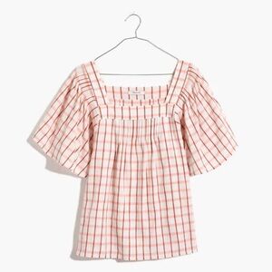 Madewell Red and White Checkered Square-Neck Blouse